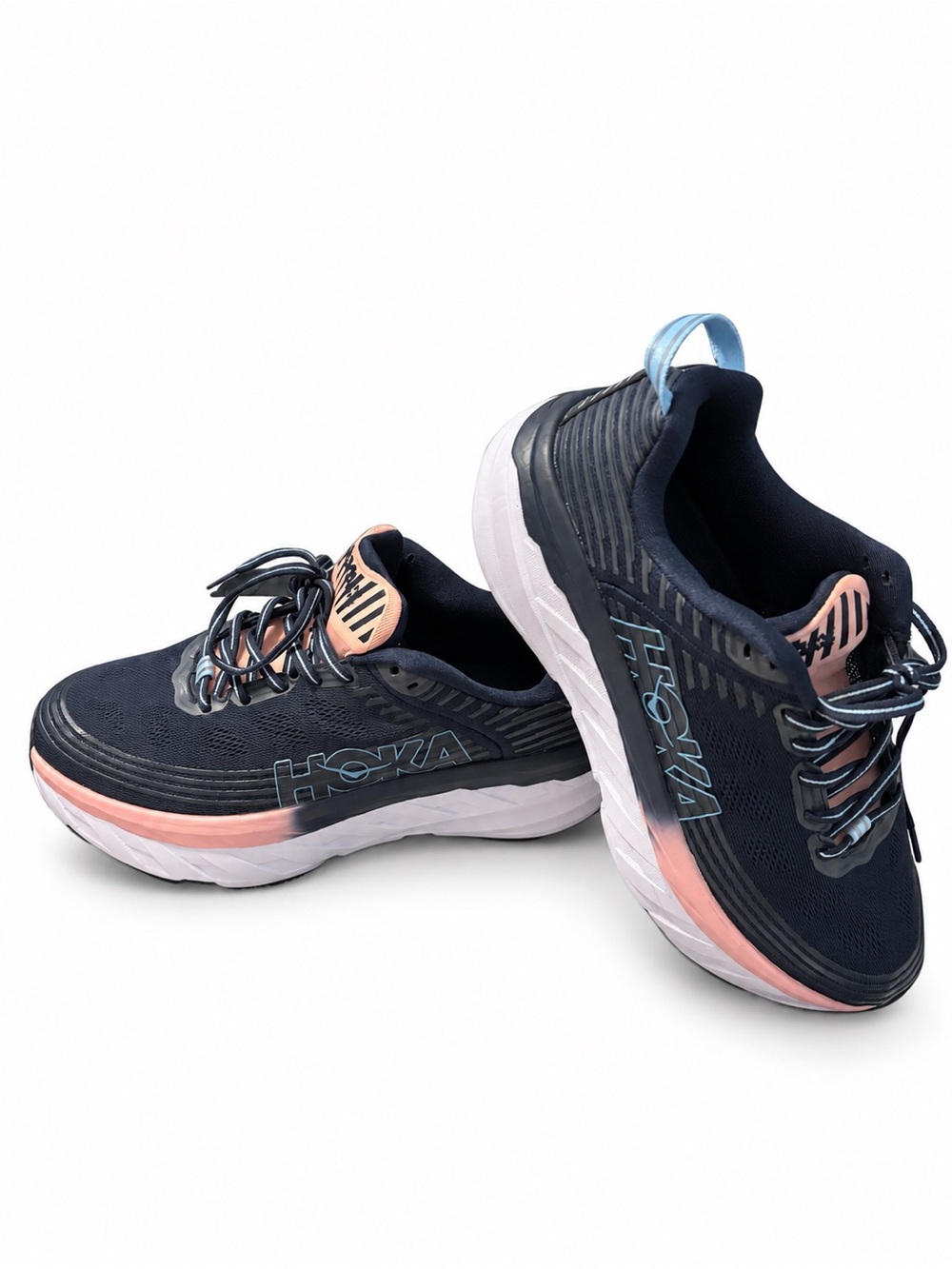 Hoka Men’s Bondi 6 size 7.5/women’s size 9 Navy Blush Pink Athletic Running Shoe